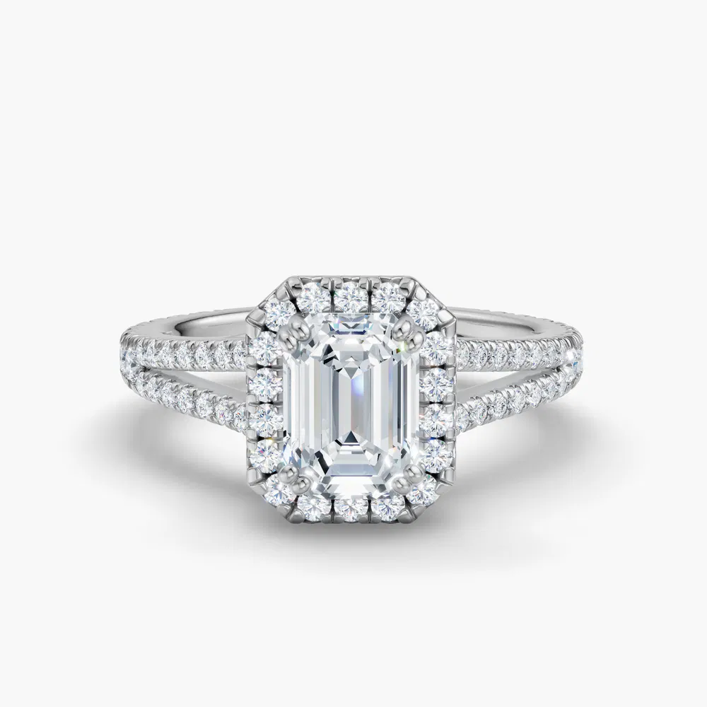 Certified 3 carat Lab Grown Diamond Emerald Cut Pavé, Halo, Cathedral Engagement Ring in 14K White Gold-Gexis