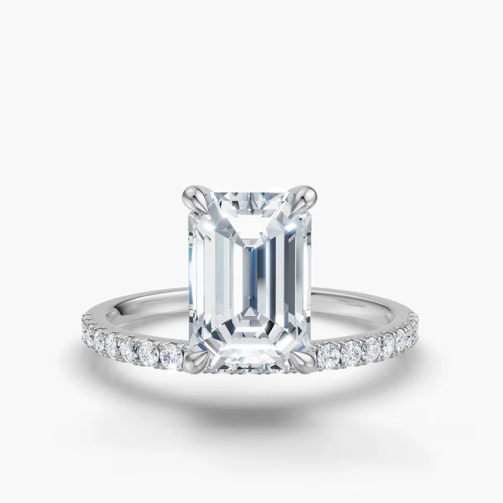 Certified 3 carat Lab Grown Diamond Emerald Cut Solitaire, Floating, Side Stone Engagement Ring in 14K White Gold-Vera