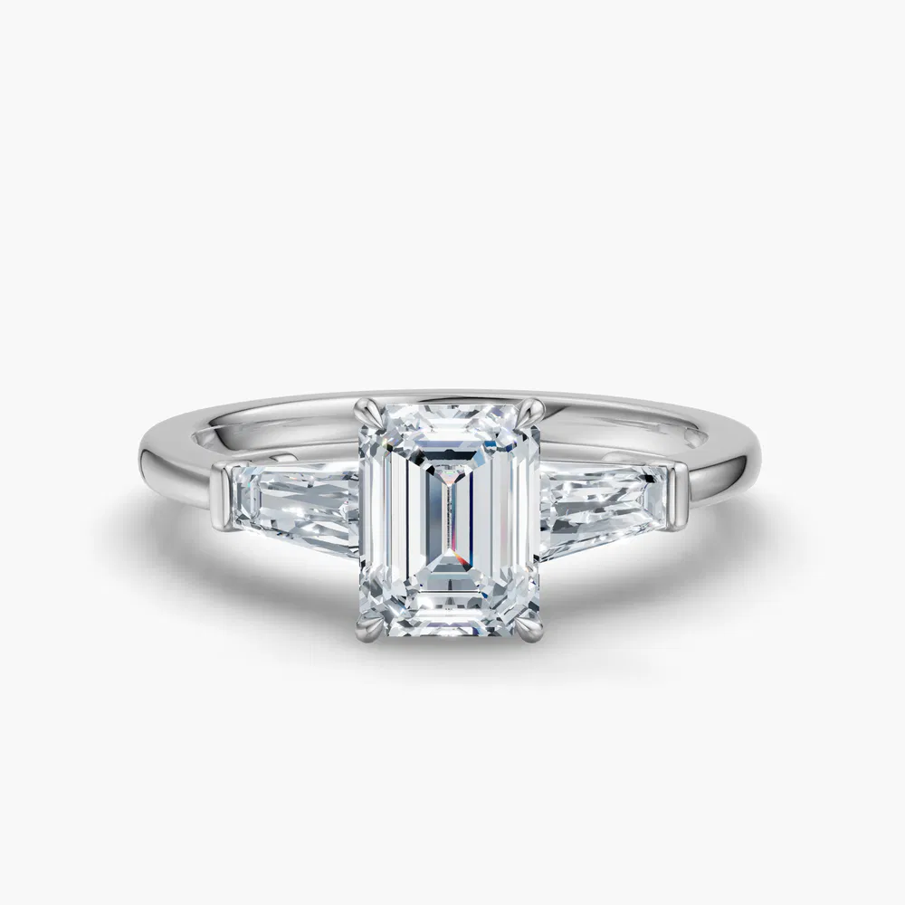 Glyss 1 carat Lab Grown Diamond Emerald Cut Side Stone, Three Stone, Baguette Engagement Ring in 14K White Gold