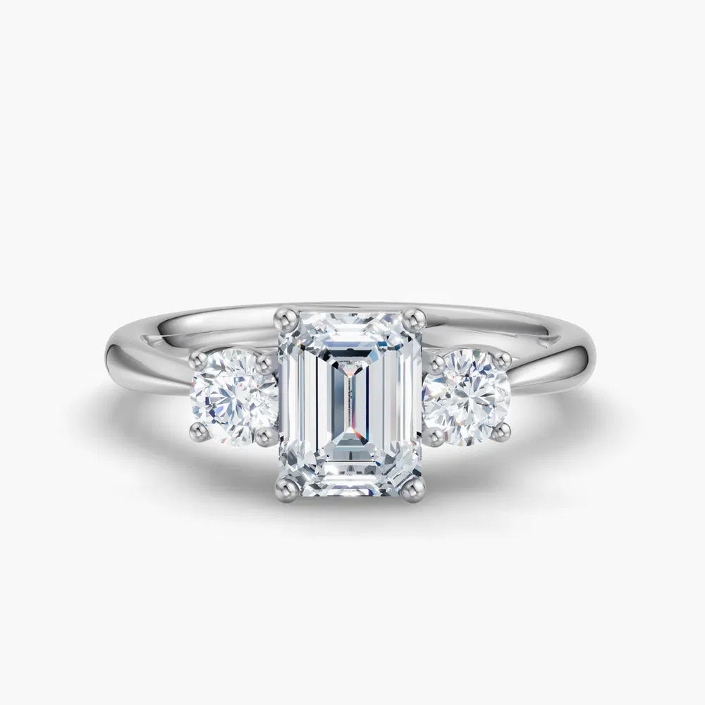 Dhyra 1 carat Lab Grown Diamond Emerald Cut Side Stone, Three Stone, Low profile Engagement Ring in 14K White Gold