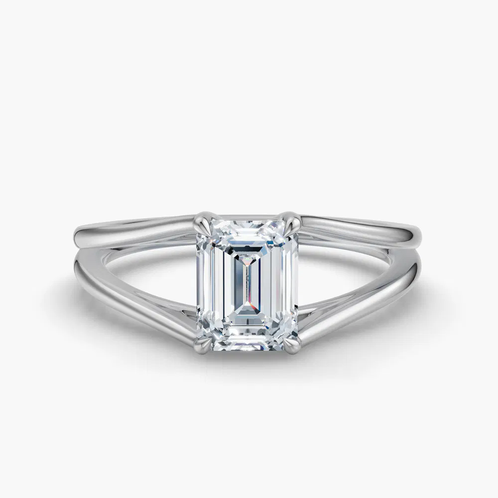 Wraith 1 carat Lab Grown Diamond Emerald Cut Solitaire, Low profile, Split Shank Engagement Ring in 14K White Gold