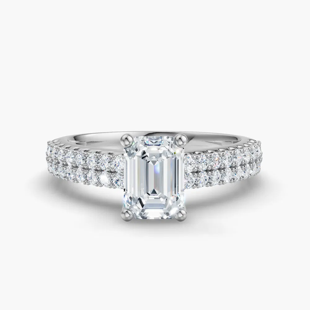 Mevdro 1 carat Lab Grown Diamond Emerald Cut Pavé, Classic, Simple Engagement Ring in 14K White Gold