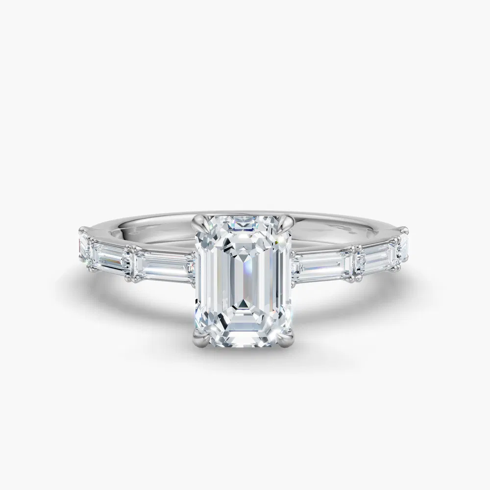 Lunark 1 carat Lab Grown Diamond Emerald Cut Side Stone, Baguette Engagement Ring in 14K White Gold