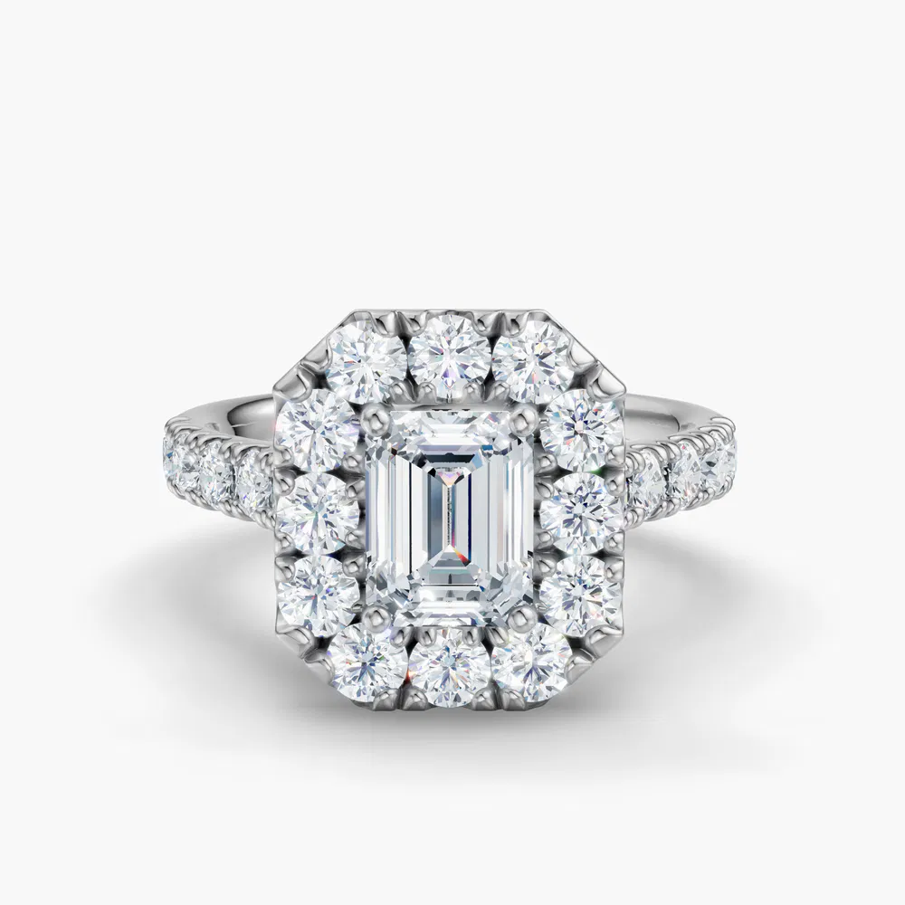 Astrid 1 carat Lab Grown Diamond Emerald Cut Halo, Pavé, Cathedral Engagement Ring in 14K White Gold