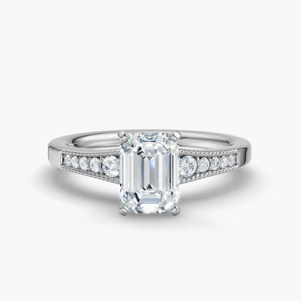 Rosca 1 carat Lab Grown Diamond Emerald Cut Side Stone, Milgrain, Pavé Engagement Ring in 14K White Gold