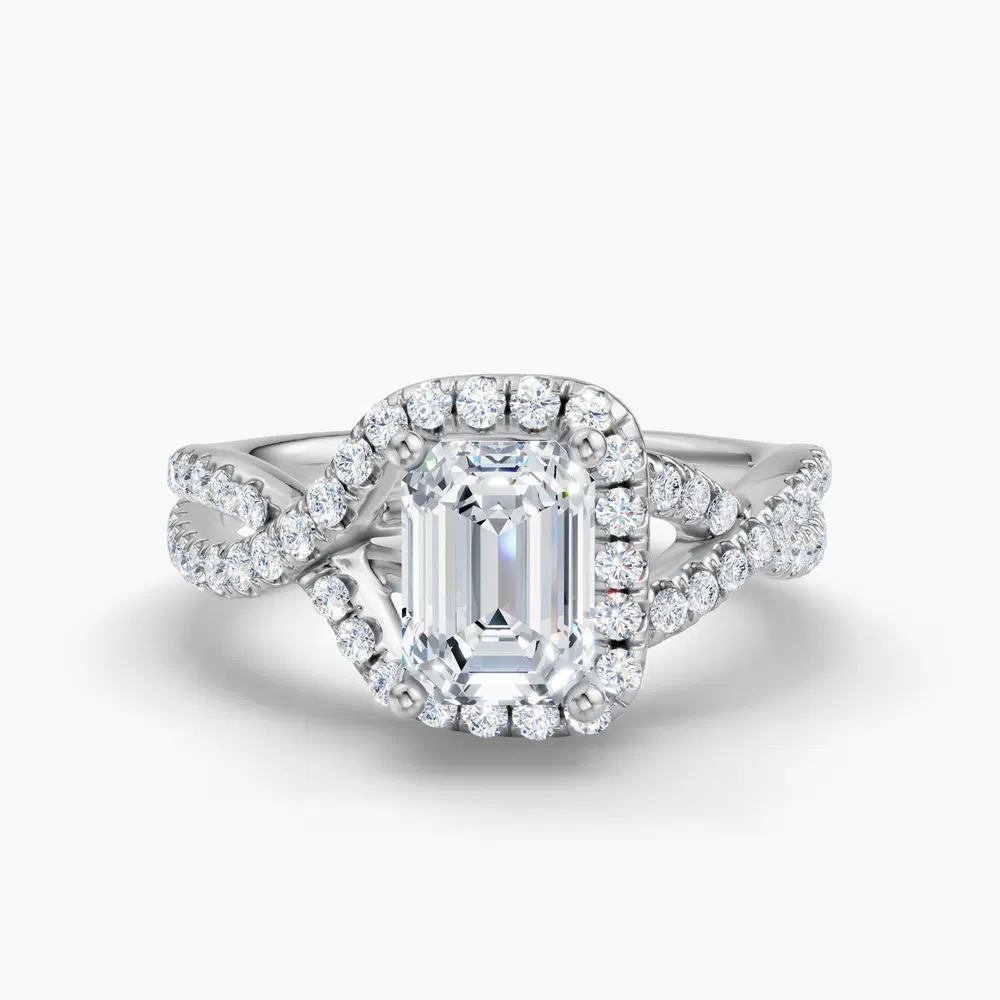 Stellune 1 carat Lab Grown Diamond Emerald Cut Unique, Halo, Pavé Engagement Ring in 14K White Gold