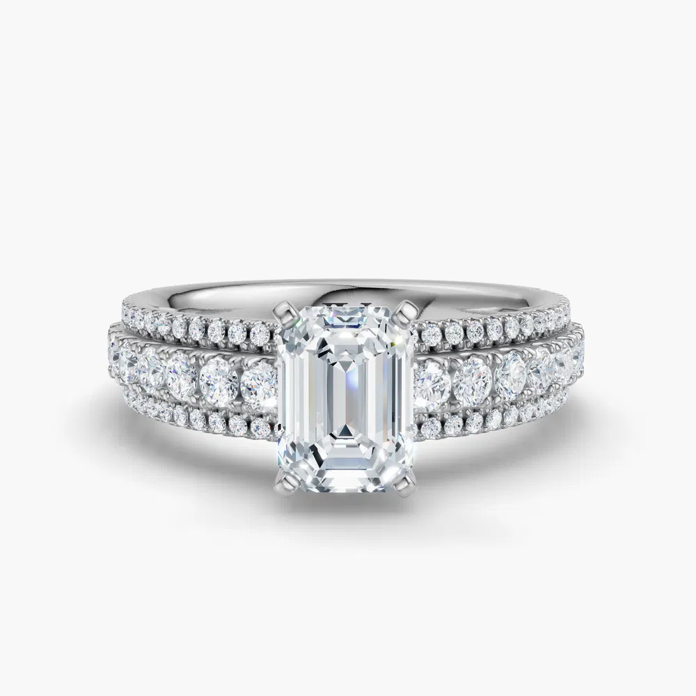 Riven 1 carat Lab Grown Diamond Emerald Cut Pavé Engagement Ring in 14K White Gold