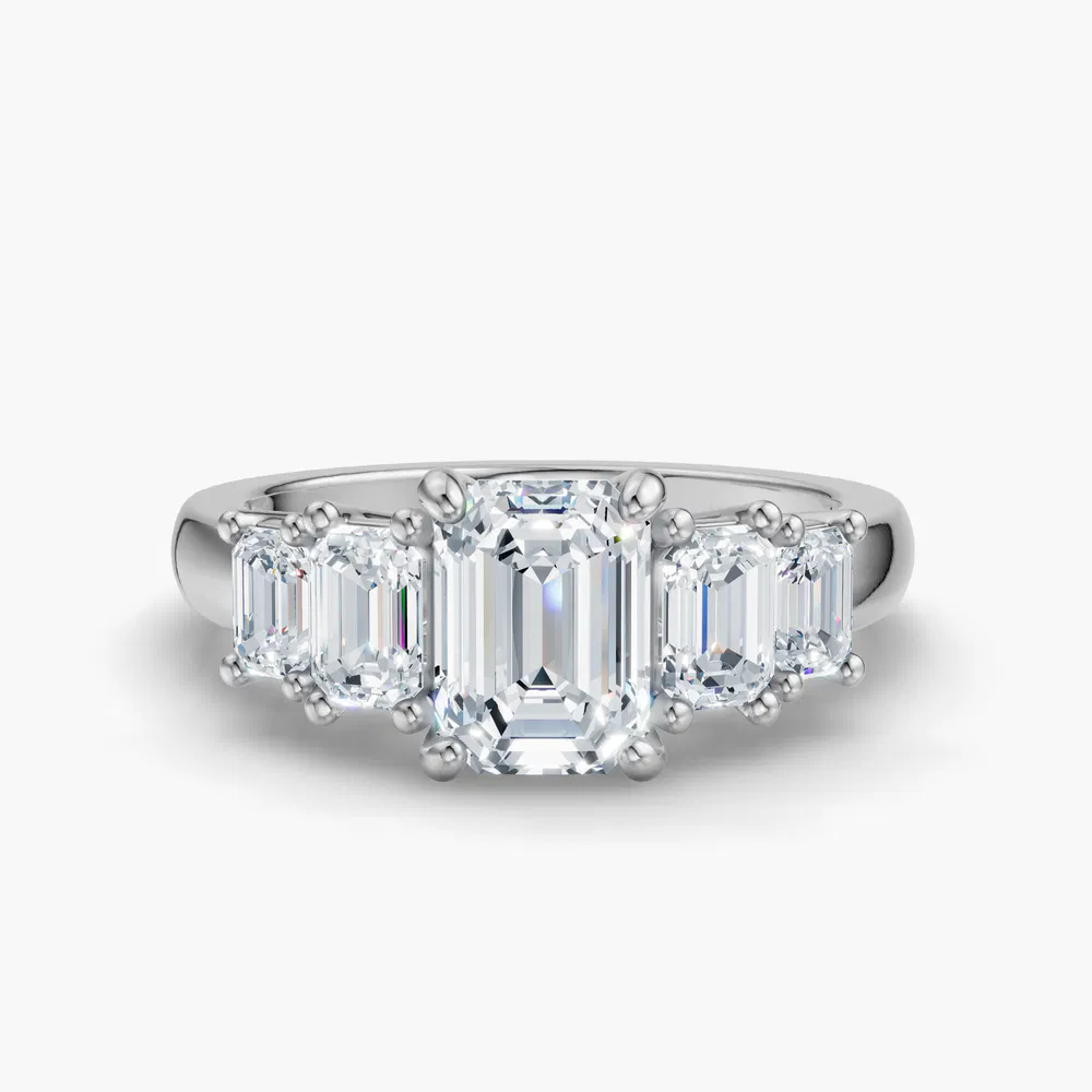 Osvh 1 carat Lab Grown Diamond Emerald Cut Side Stone, Five Stone Engagement Ring in 14K White Gold