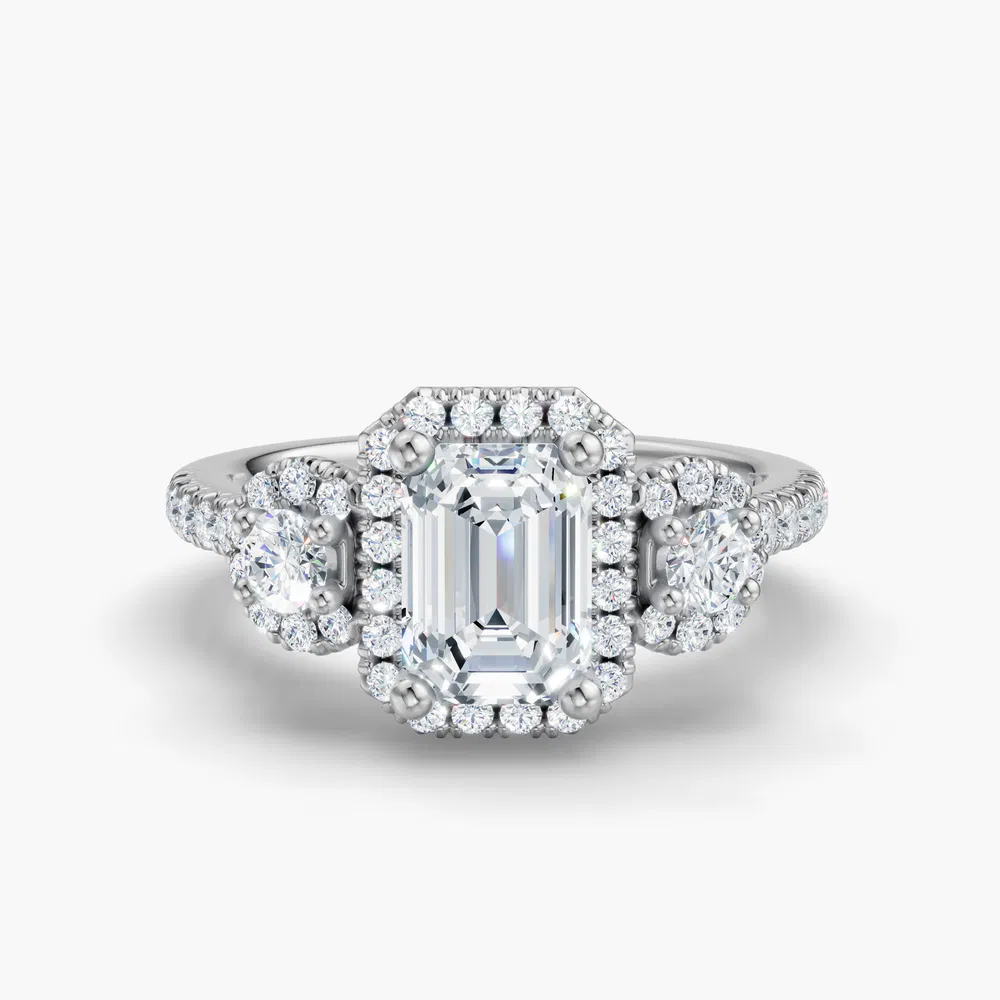 Hylor 1 carat Lab Grown Diamond Emerald Cut Side Stone, Three Stone, Halo Engagement Ring in 14K White Gold