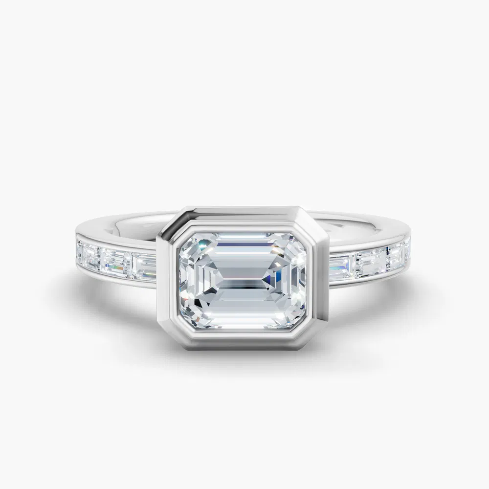 Celeste 1 carat Lab Grown Diamond Emerald Cut Bezel, Art Deco, Channel Set Engagement Ring in 14K White Gold
