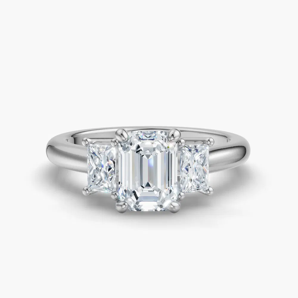 Dravon 1 carat Lab Grown Diamond Emerald Cut Three Stone, Side Stone Engagement Ring in 14K White Gold