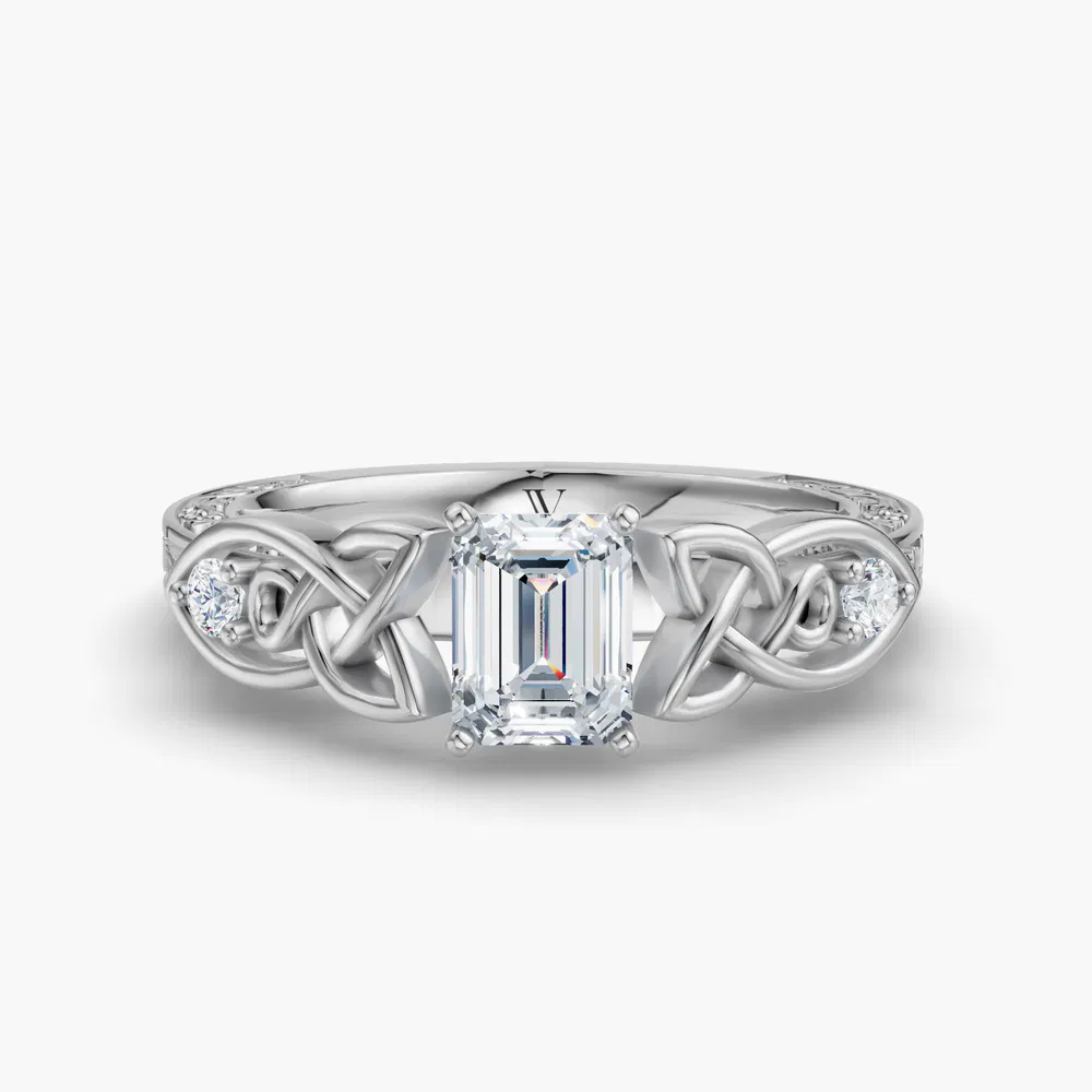Kael 1 carat Lab Grown Diamond Emerald Cut Side Stone, Vintage, Unique Engagement Ring in 14K White Gold