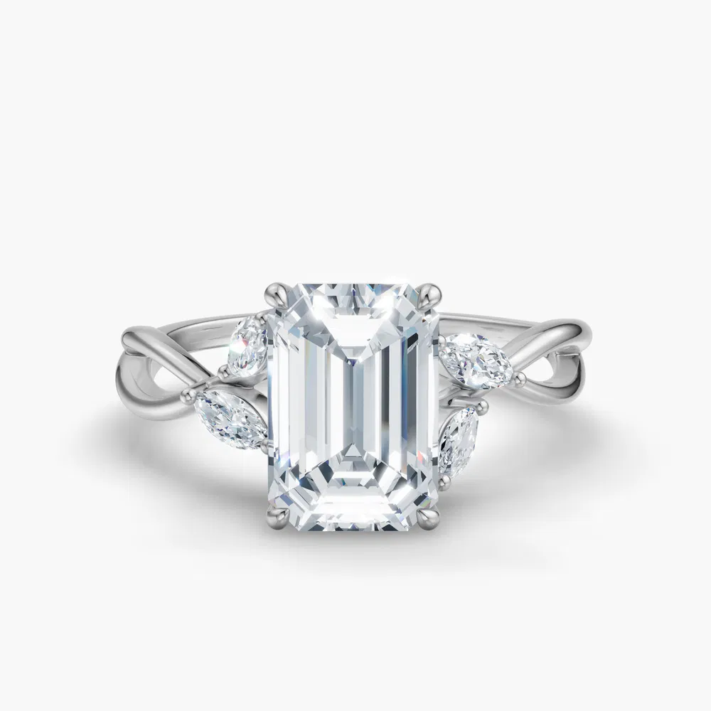 Mena 1 carat Lab Grown Diamond Emerald Cut Side Stone, Twist, Split Shank Engagement Ring in 14K White Gold
