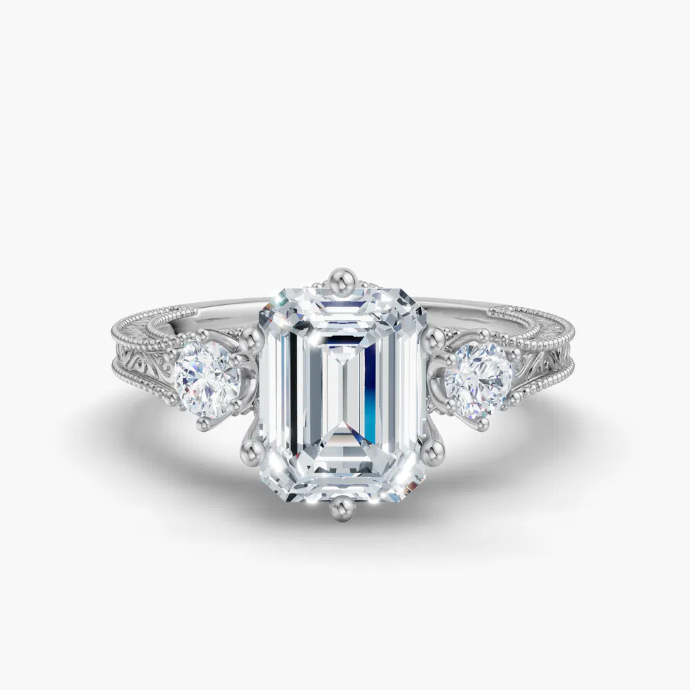 Zara 1 carat Lab Grown Diamond Emerald Cut Side Stone, Three Stone, Unique Engagement Ring in 14K White Gold
