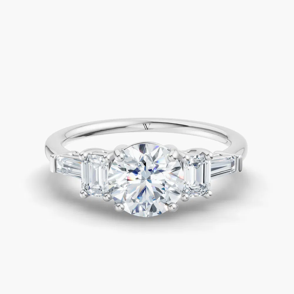 Olume 1 carat Lab Grown Diamond Round Cut Five Stone, Baguette, Low profile Engagement Ring in 14K White Gold