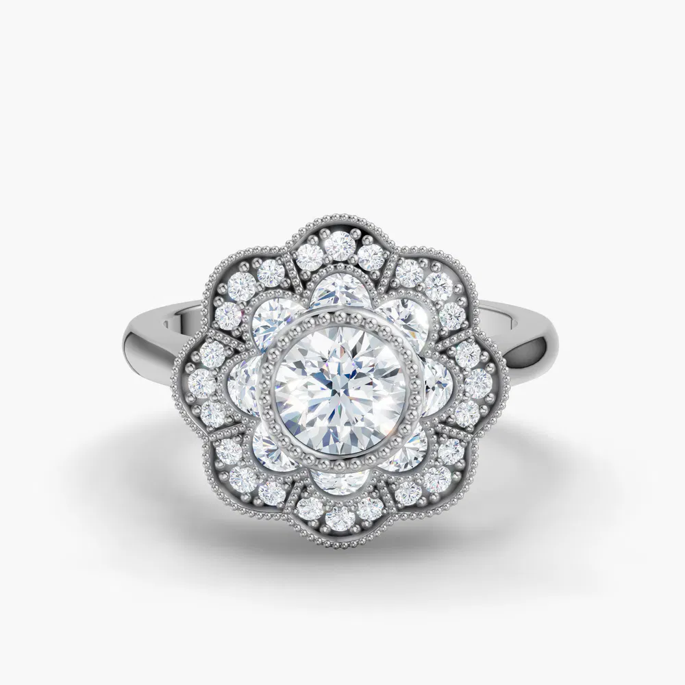Certified 1/2 carat Lab Grown Diamond Round Cut Floral, Art Deco, Milgrain Engagement Ring in 14K White Gold-Novaen
