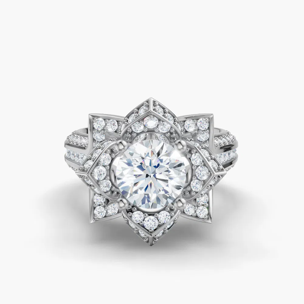 Zirix 1 carat Lab Grown Diamond Round Cut Floral, Vintage, Unique Engagement Ring in 14K White Gold