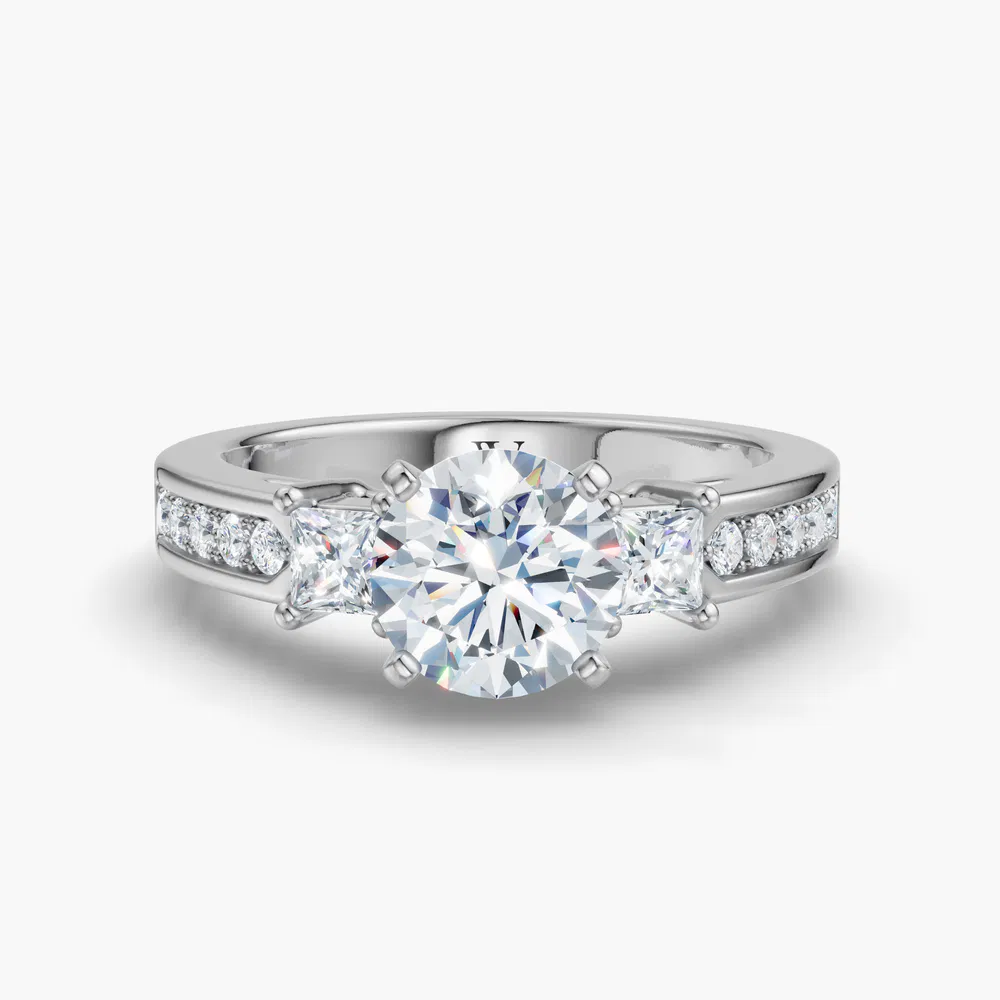 Velis 1 carat Lab Grown Diamond Round Cut Side Stone, Three Stone, Pavé Engagement Ring in 14K White Gold