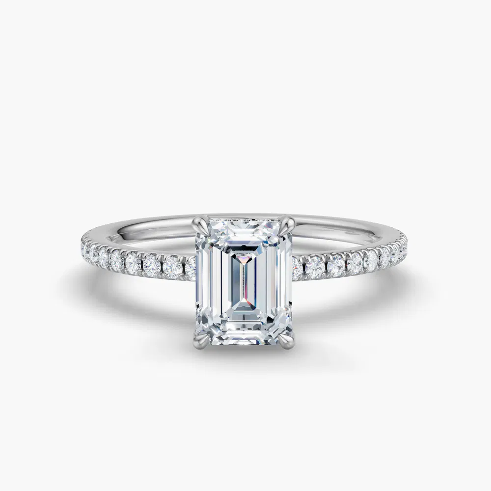 Certified 1 carat Lab Grown Diamond Emerald Cut Pavé, Hidden Halo Engagement Ring in 18K White Gold-Orhi