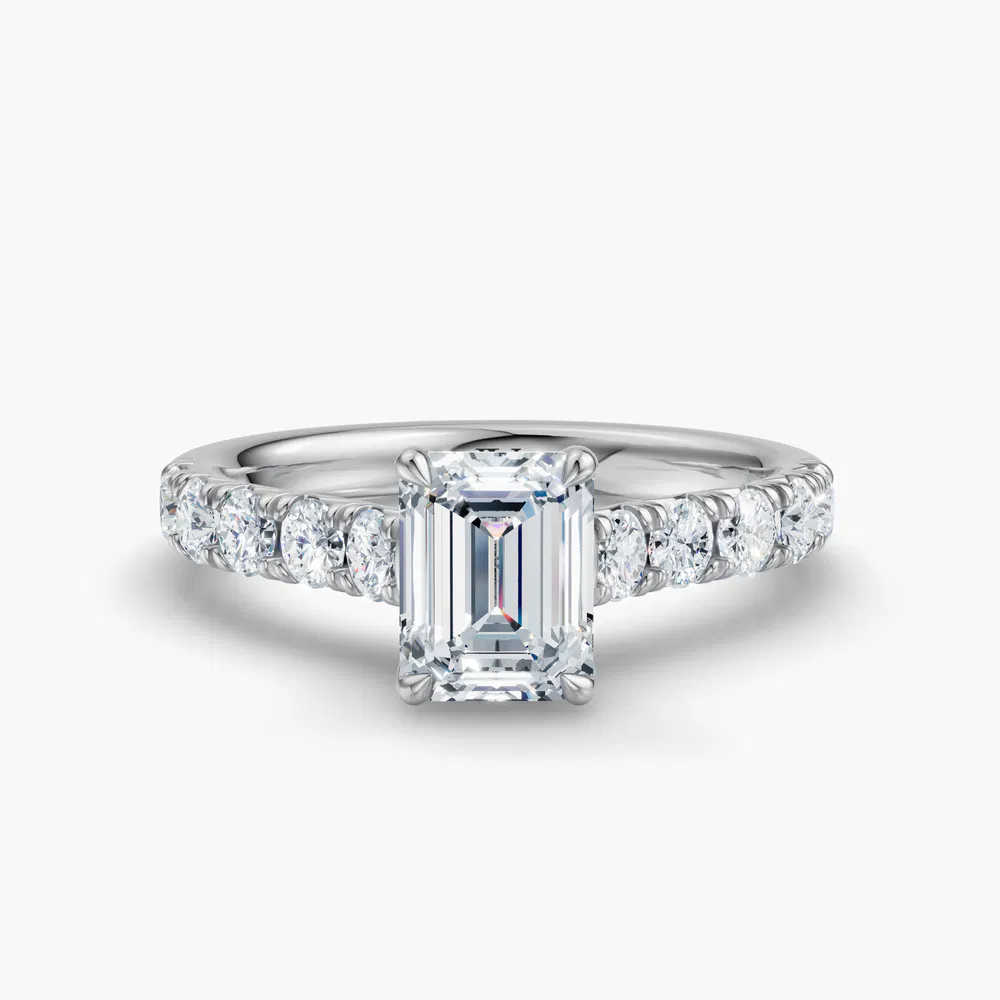 Certified 1 carat Lab Grown Diamond Emerald Cut Pavé, Cathedral, Low profile Engagement Ring in 18K White Gold-Israfil