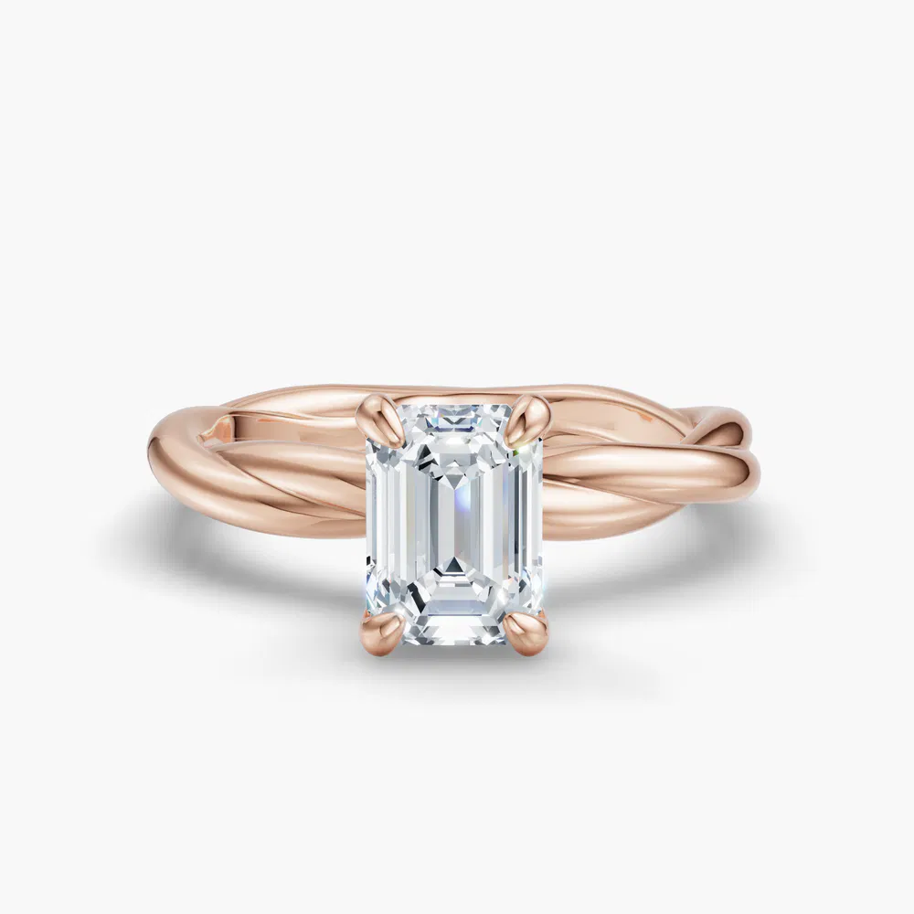 Certified 1 carat Lab Grown Diamond Emerald Cut Solitaire, Twist Engagement Ring in 18K Rose Gold-Fyora