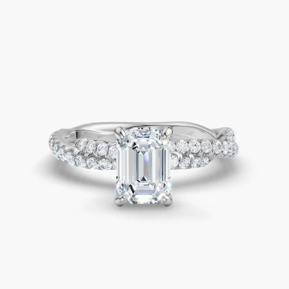 Certified 1 carat Lab Grown Diamond Emerald Cut Pavé, Twist Engagement Ring in 18K White Gold-Alva
