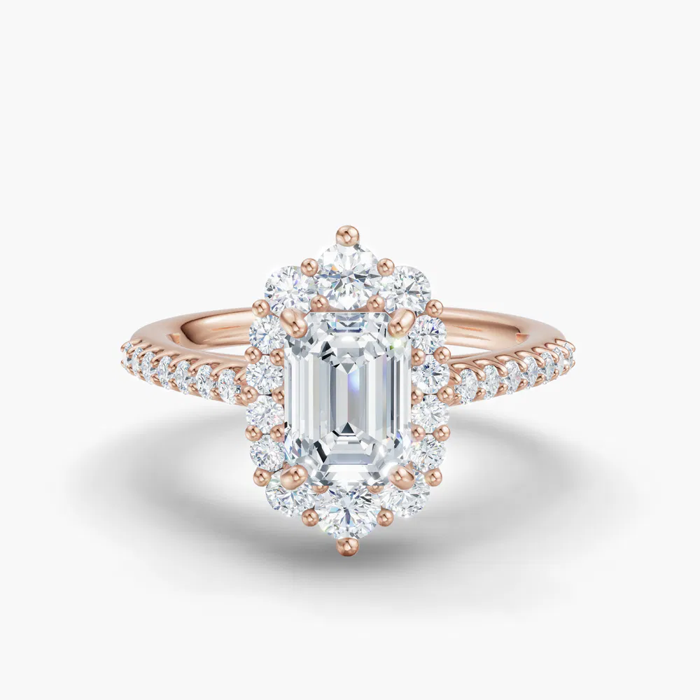 Certified 1 carat Lab Grown Diamond Emerald Cut Pavé, Halo, Cathedral Engagement Ring in 18K Rose Gold-Mirey