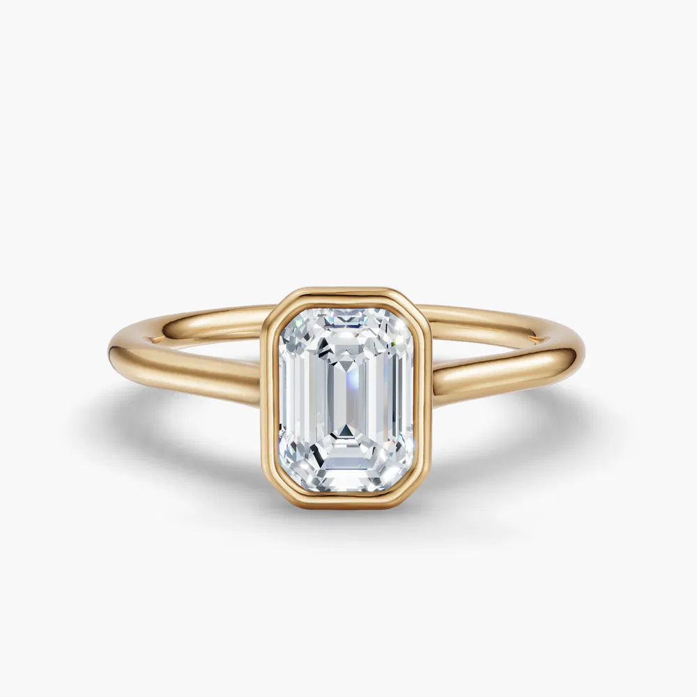Certified 1 carat Lab Grown Diamond Emerald Cut Solitaire, Bezel, Cathedral Engagement Ring in 14K Yellow Gold-Borvi