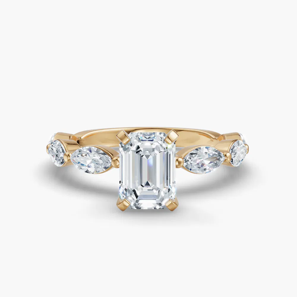 Certified 1 carat Lab Grown Diamond Emerald Cut Side Stone Engagement Ring in 18K Yellow Gold-Trind