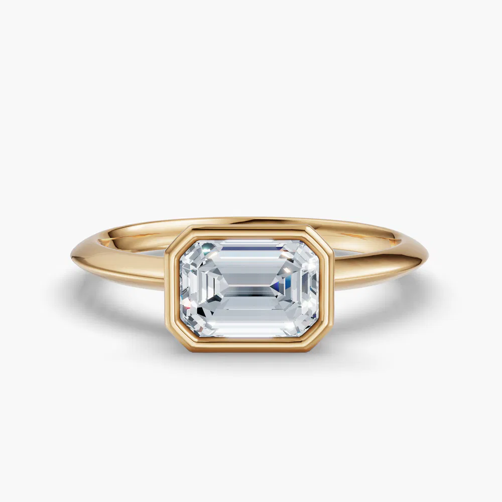 Certified 1 carat Lab Grown Diamond Emerald Cut Bezel, East-West, Solitaire Engagement Ring in 18K Yellow Gold-Galen