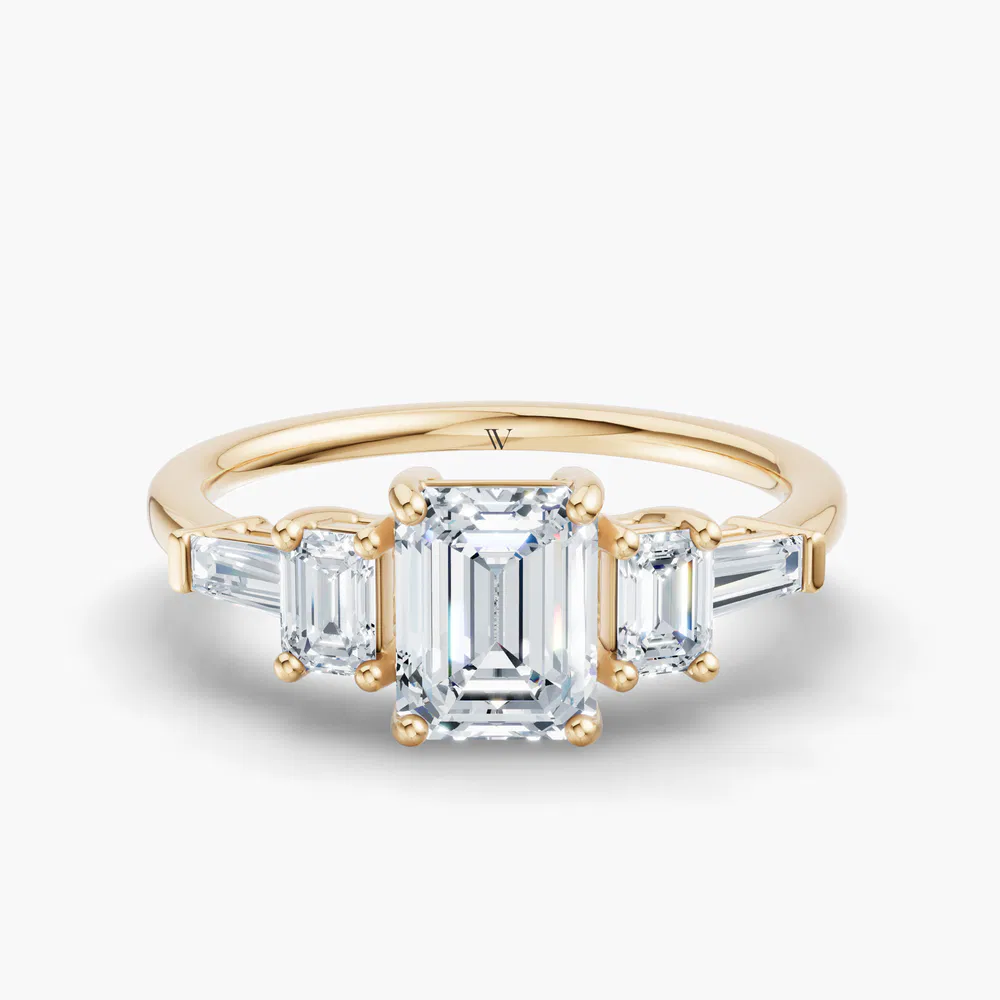 Certified 1 carat Lab Grown Diamond Emerald Cut Five Stone, Baguette, Low profile Engagement Ring in 18K Yellow Gold-Olume