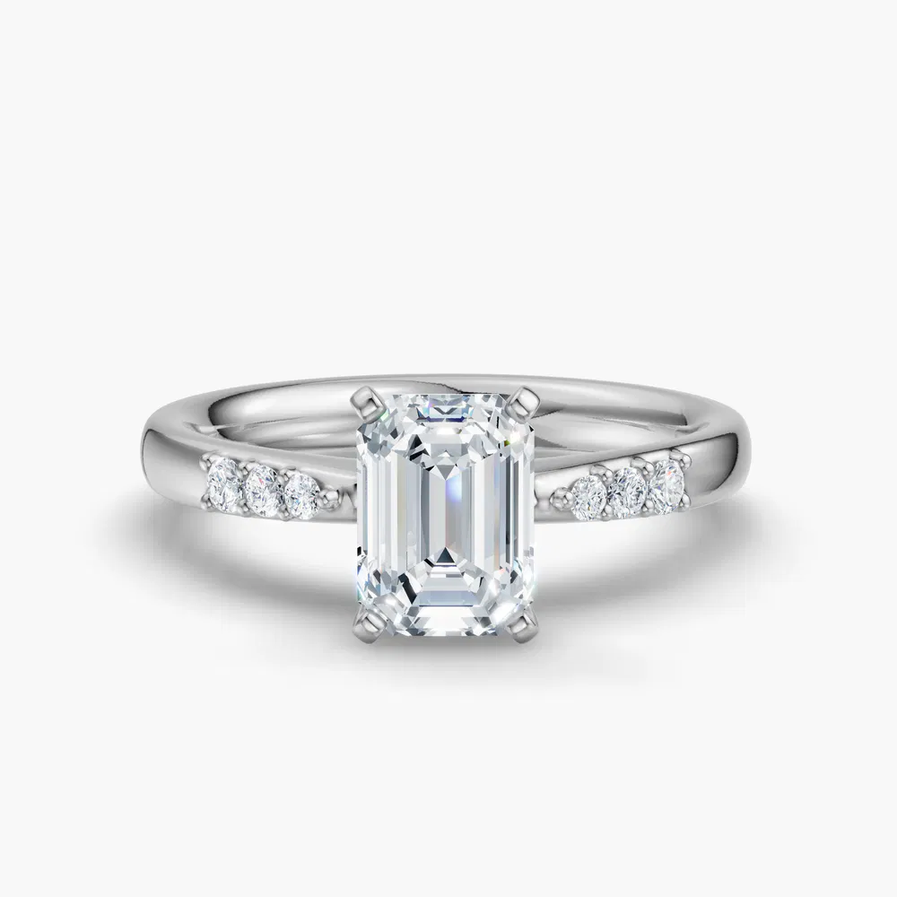 Certified 1 carat Lab Grown Diamond Emerald Cut Side Stone Engagement Ring in 14K White Gold-Jubatu