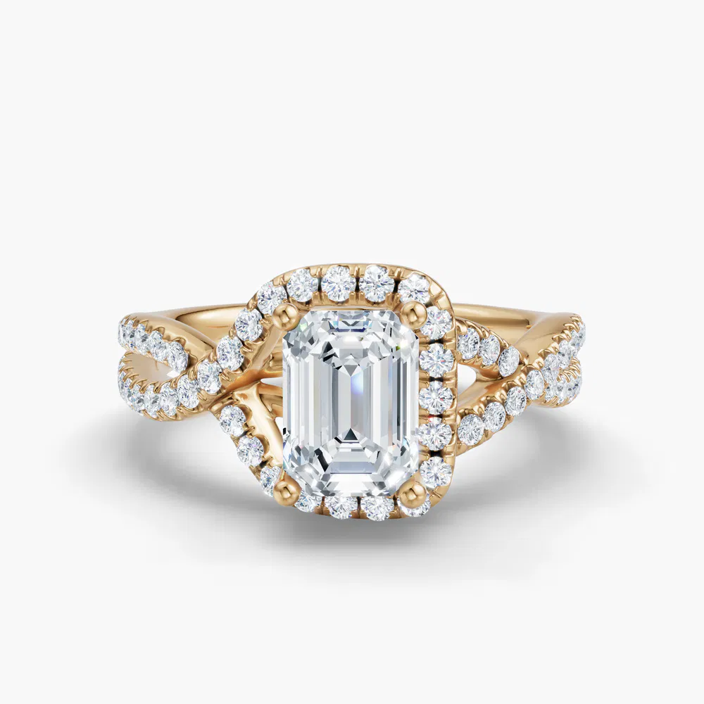 Certified 1 carat Lab Grown Diamond Emerald Cut Unique, Pavé, Halo Engagement Ring in 14K Yellow Gold-Stellune