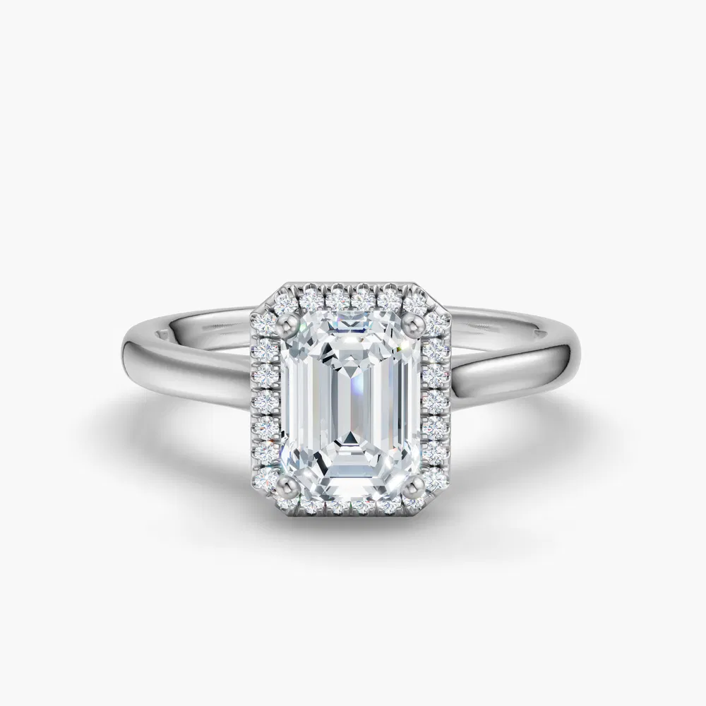 Certified 1 carat Lab Grown Diamond Emerald Cut Halo, Cathedral Engagement Ring in 14K White Gold-Pejr