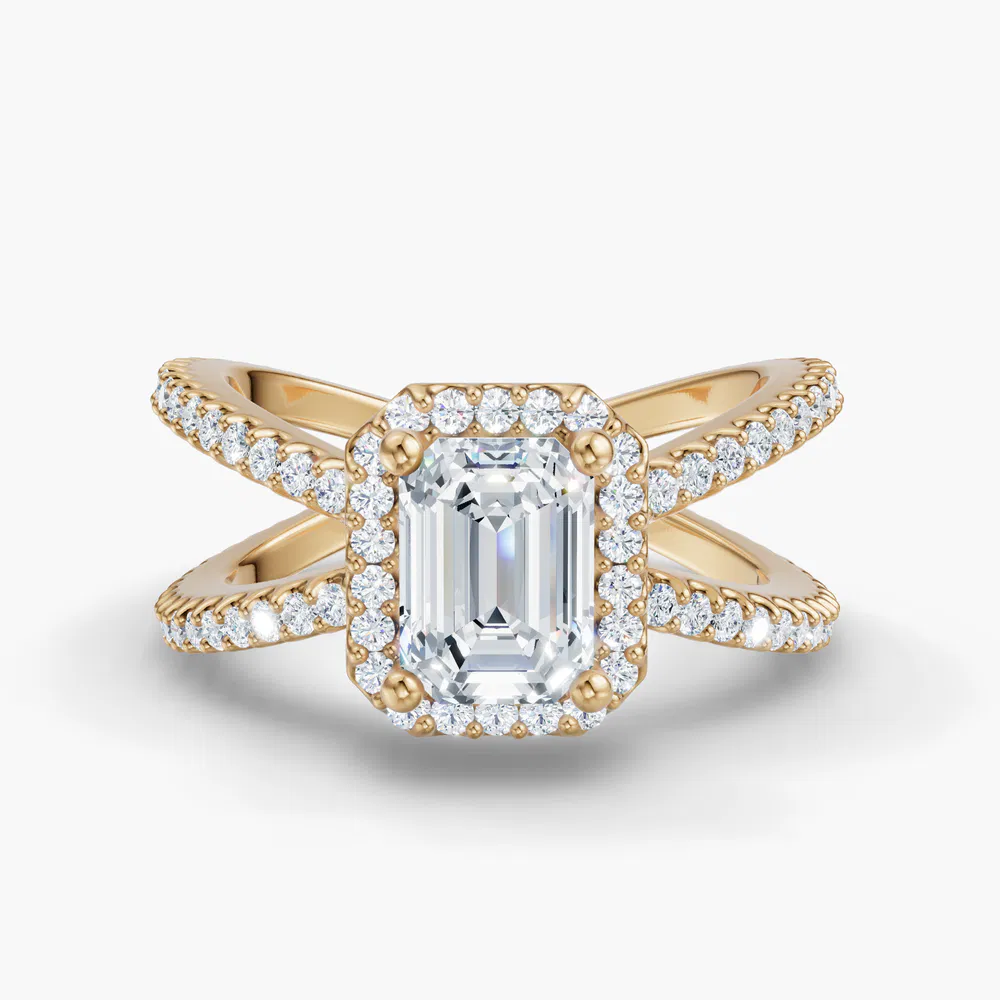 Certified 1 carat Lab Grown Diamond Emerald Cut Pavé, Halo, Split Shank Engagement Ring in 14K Yellow Gold-Xylius