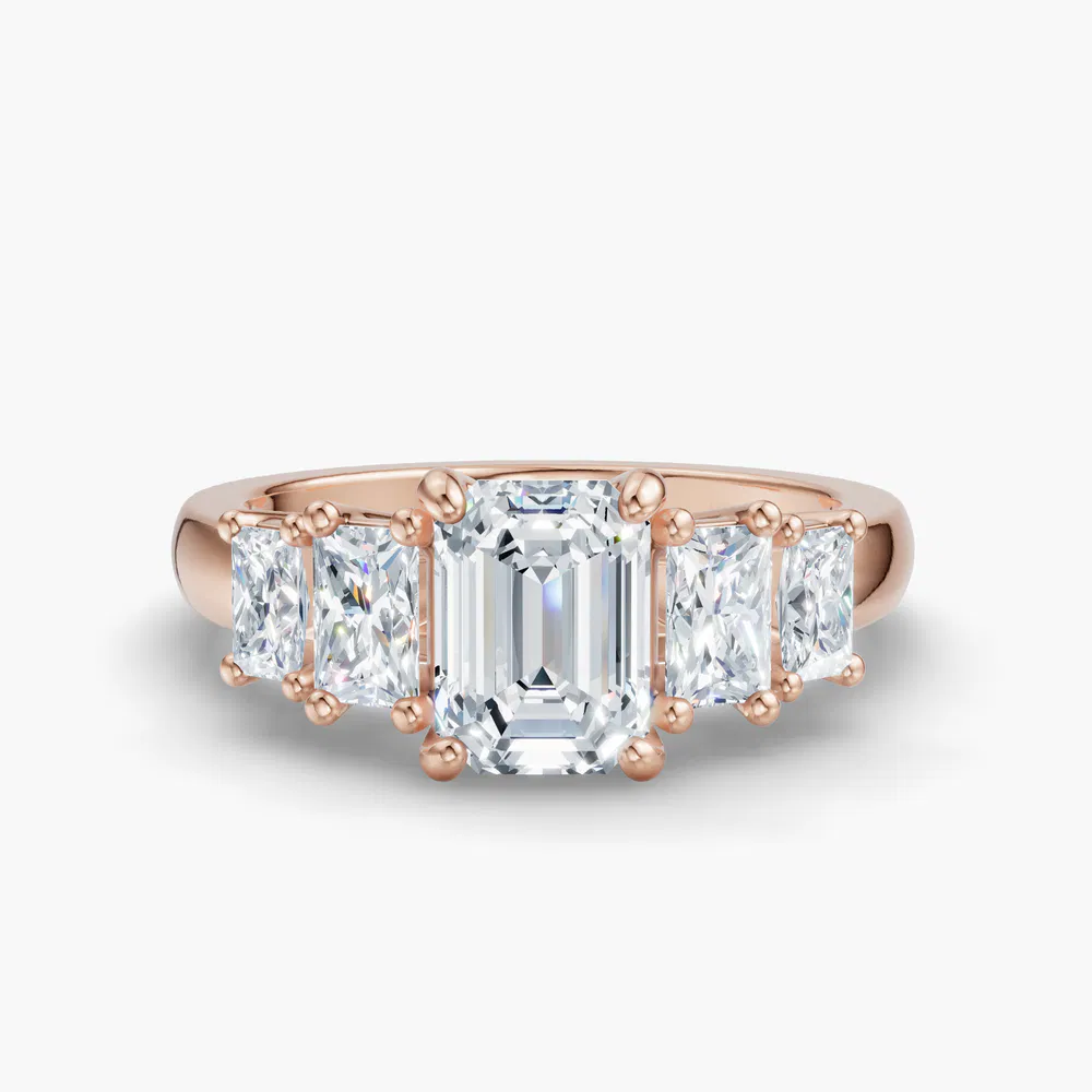 Certified 1 carat Lab Grown Diamond Emerald Cut Five Stone, Side Stone Engagement Ring in 14K Rose Gold-Velaris