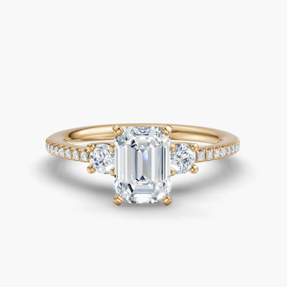 Certified 1 carat Lab Grown Diamond Emerald Cut Three Stone, Pavé, Side Stone Engagement Ring in 18K Yellow Gold-Vynix