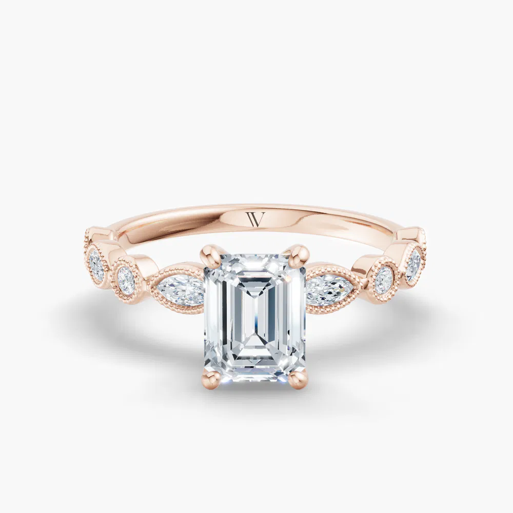 Certified 1 carat Lab Grown Diamond Emerald Cut Vintage, Milgrain, Side Stone Engagement Ring in 14K Rose Gold-Sior