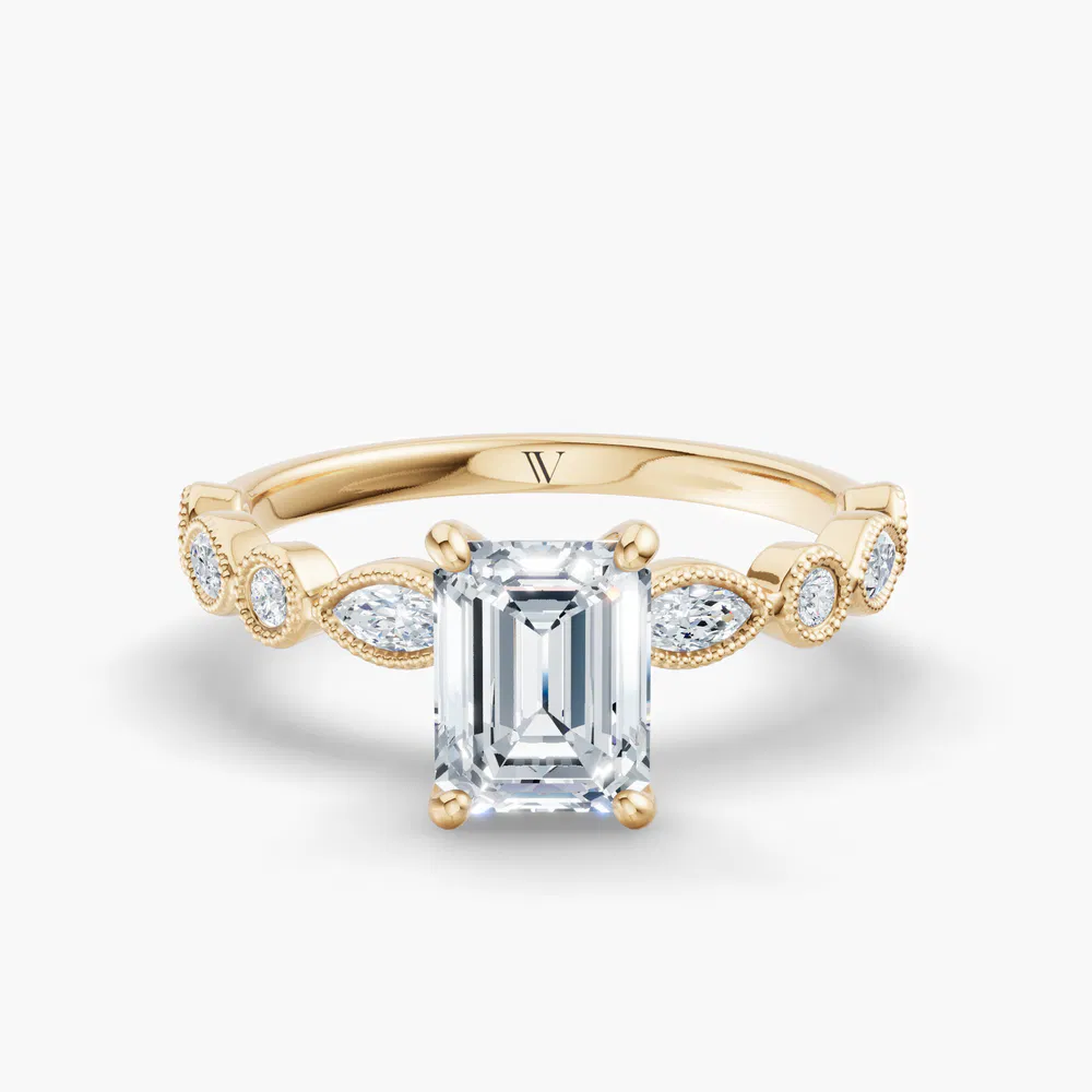 Certified 1 carat Lab Grown Diamond Emerald Cut Vintage, Milgrain, Side Stone Engagement Ring in 14K Yellow Gold-Sior
