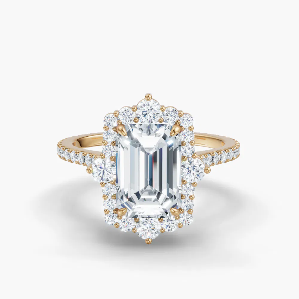 Certified 1 carat Lab Grown Diamond Emerald Cut Hidden Halo, Halo, Cathedral Engagement Ring in 14K Yellow Gold-Cylen