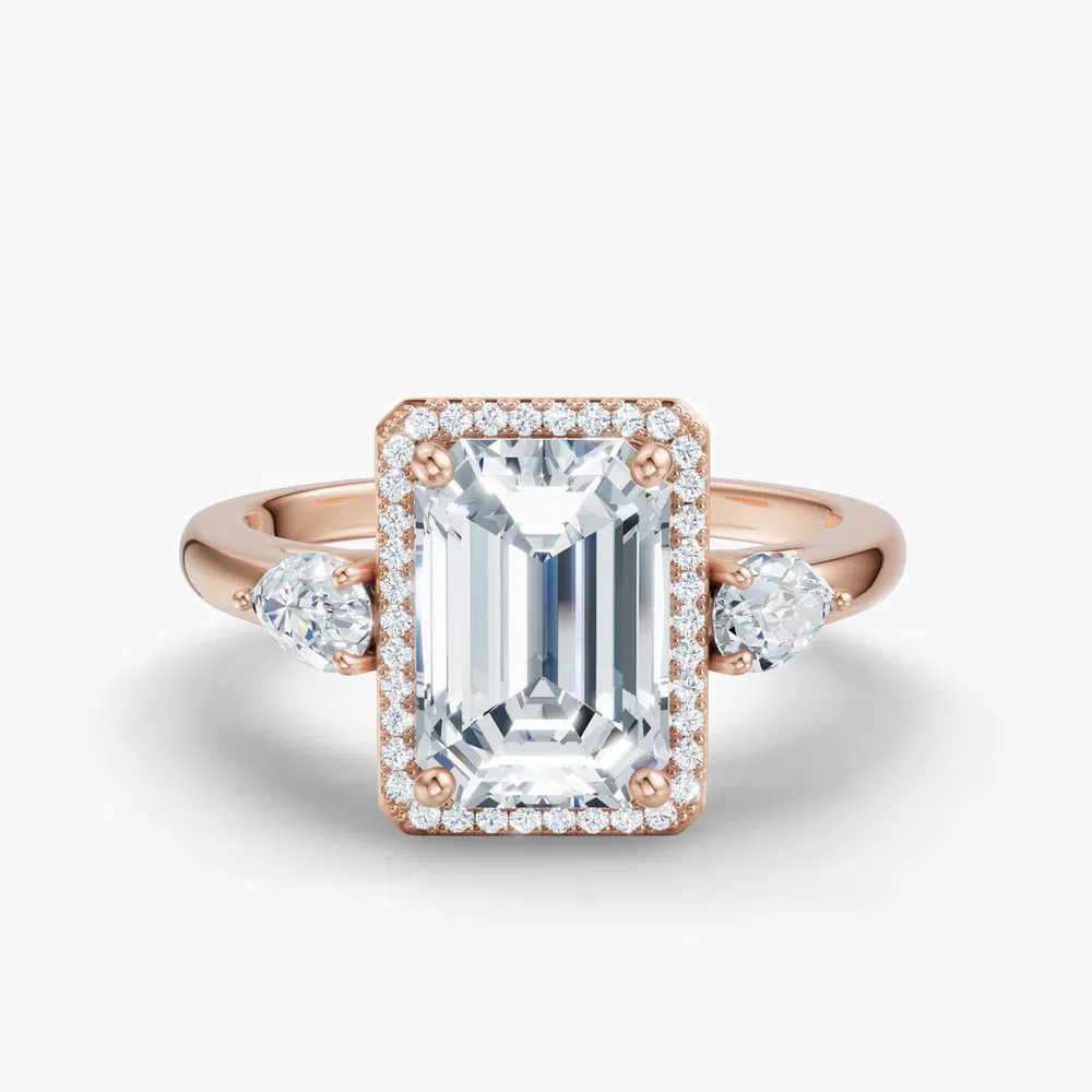 Certified 1 carat Lab Grown Diamond Emerald Cut Halo, Cathedral, Three Stone Engagement Ring in 18K Rose Gold-Daren