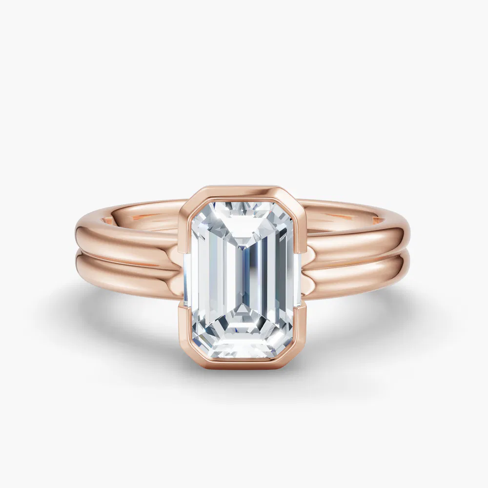 Certified 1 carat Lab Grown Diamond Emerald Cut Solitaire, Bezel, Modern Engagement Ring in 18K Rose Gold-Sena
