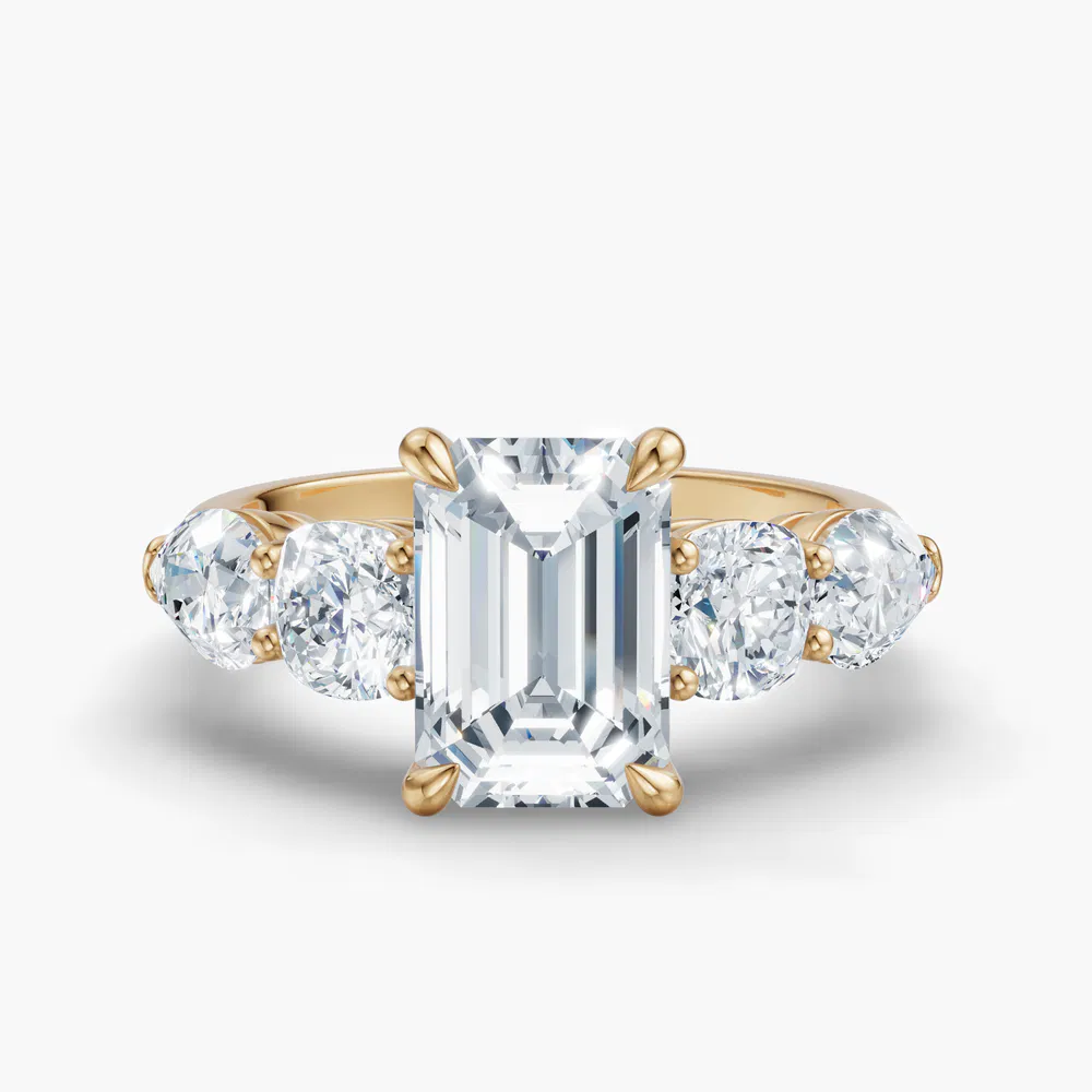 Certified 1 carat Lab Grown Diamond Emerald Cut Five Stone, Side Stone Engagement Ring in 18K Yellow Gold-Riva