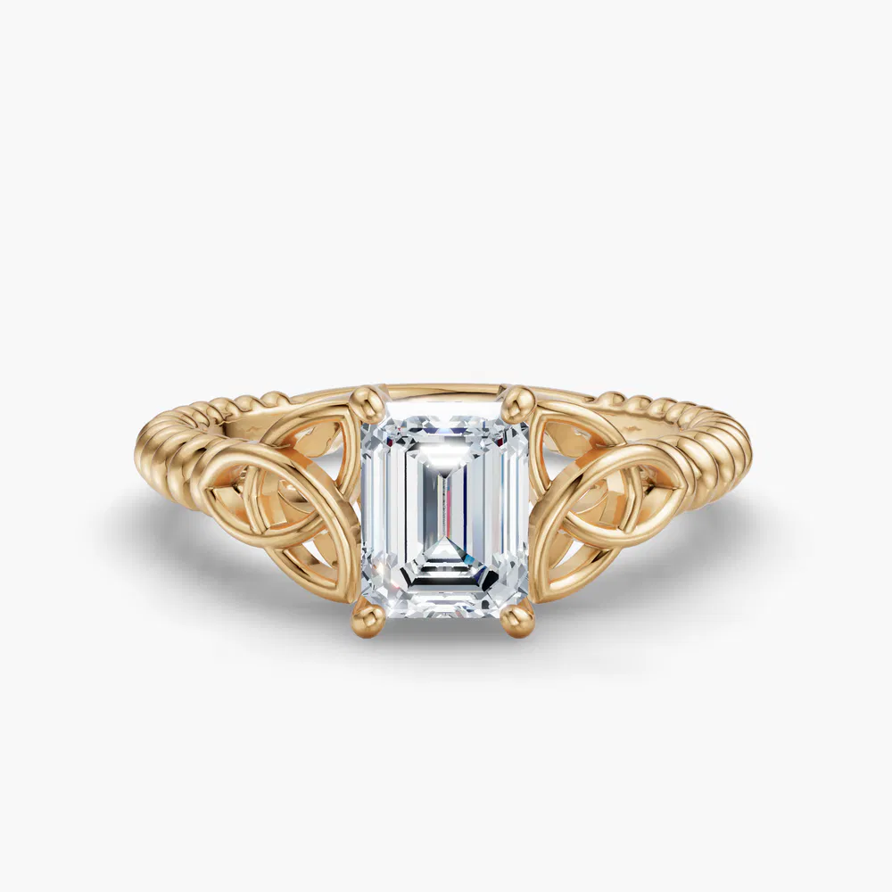 Certified 1 carat Lab Grown Diamond Emerald Cut Solitaire, Twist, Celtic Engagement Ring in 14K Yellow Gold-Thalyn