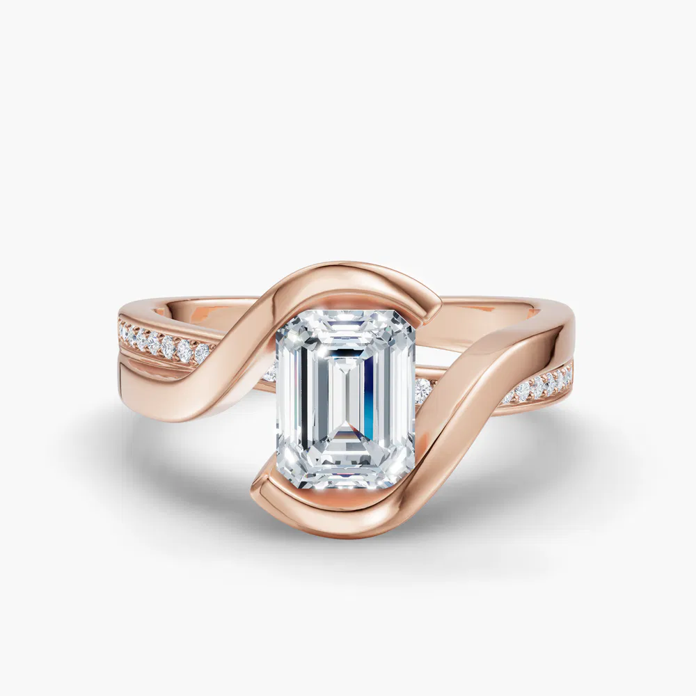 Certified 1 carat Lab Grown Diamond Emerald Cut Bezel, Modern, Split Shank Engagement Ring in 18K Rose Gold-Elara