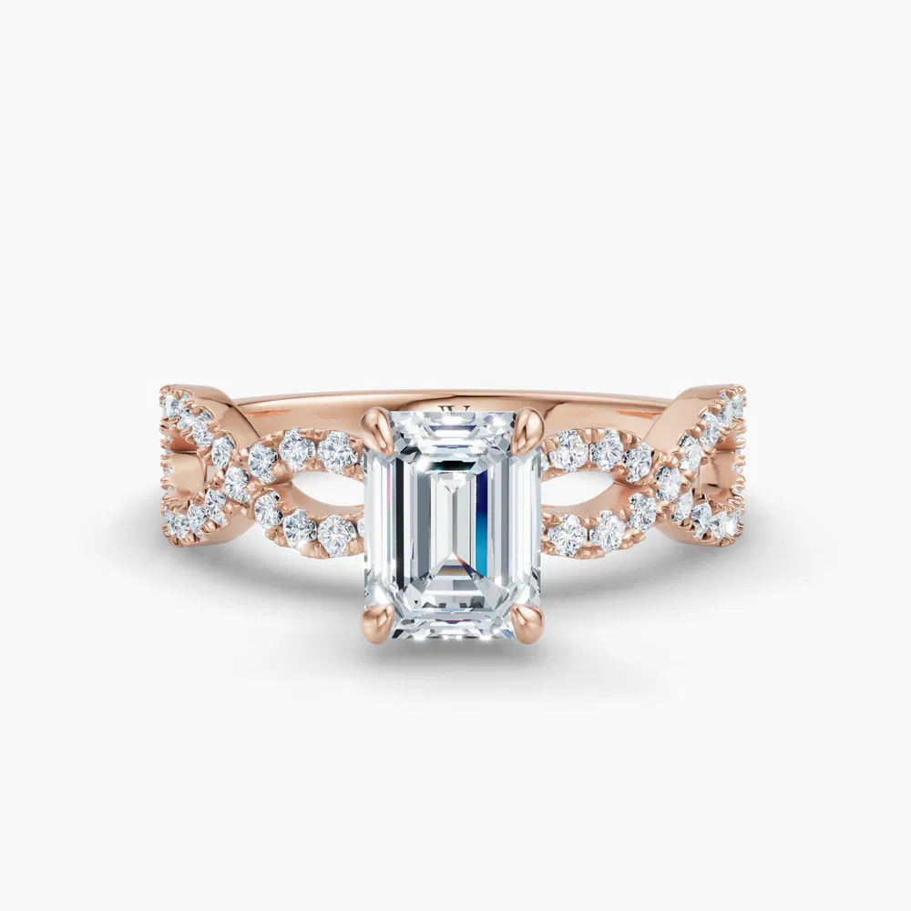 Certified 1 carat Lab Grown Diamond Emerald Cut Infinity, Twist, Pavé Engagement Ring in 18K Rose Gold-Aurelia
