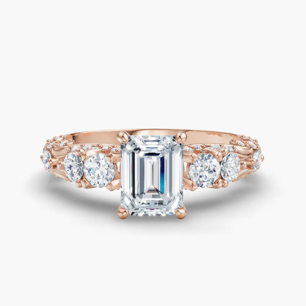 Certified 1 carat Lab Grown Diamond Emerald Cut Hidden Halo, Unique, Side Stone Engagement Ring in 14K Rose Gold-Marinia