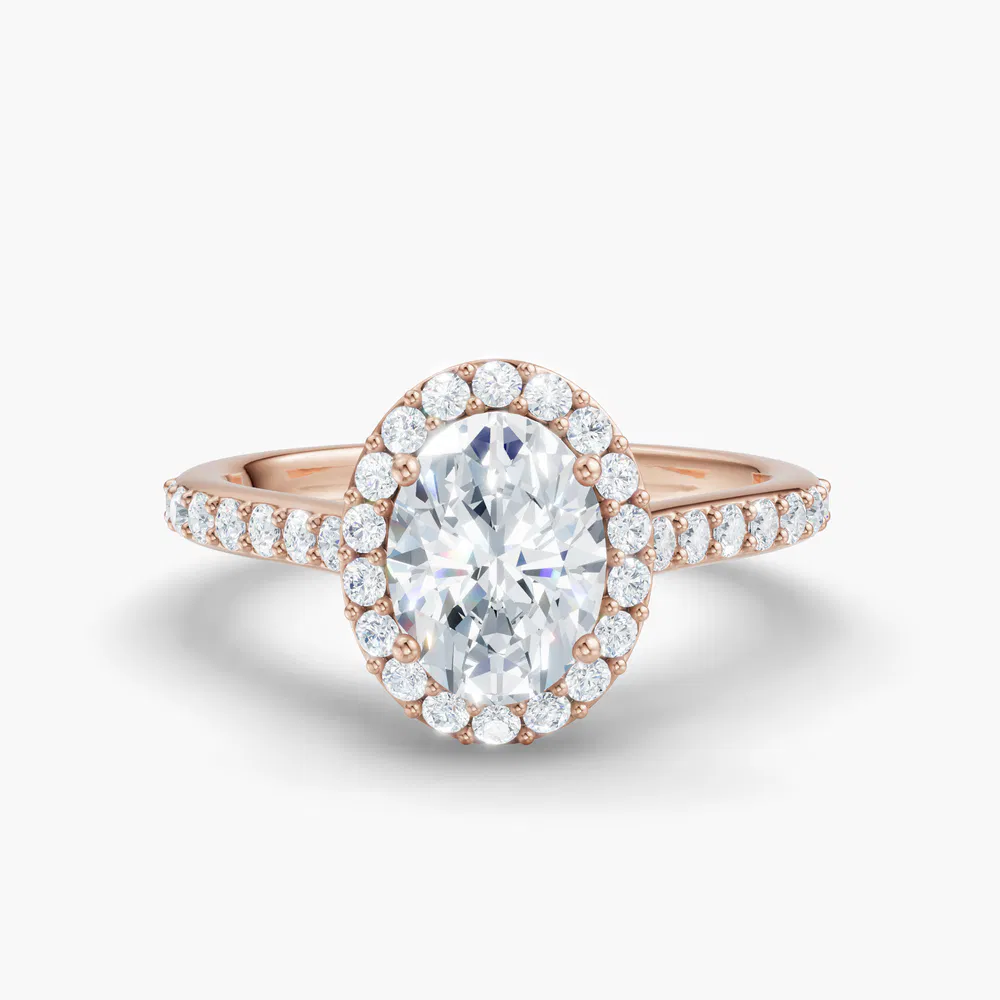 Certified 1 carat Lab Grown Diamond Oval Cut Pavé, Halo, Cathedral Engagement Ring in 18K Rose Gold-Kvolt