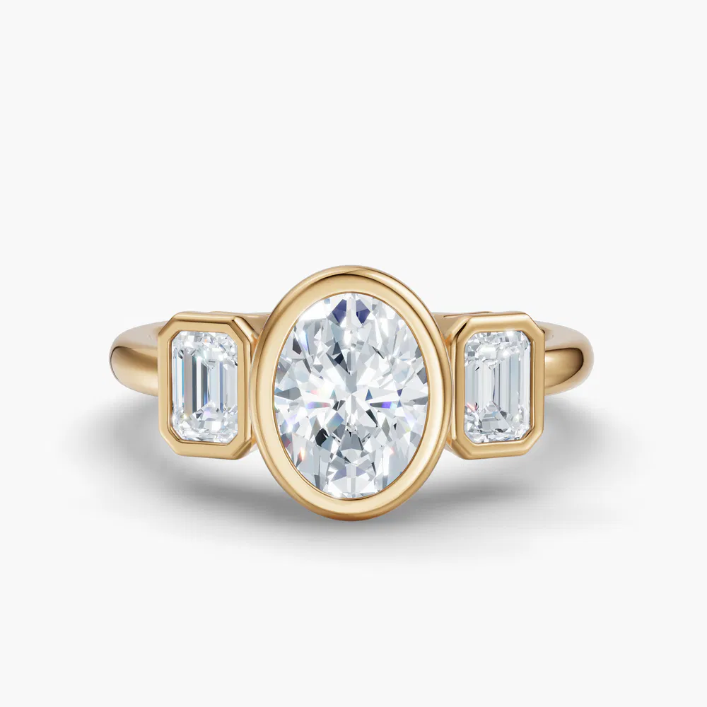 Certified 1 carat Lab Grown Diamond Oval Cut Three Stone, Bezel, Low profile Engagement Ring in 18K Yellow Gold-Elix