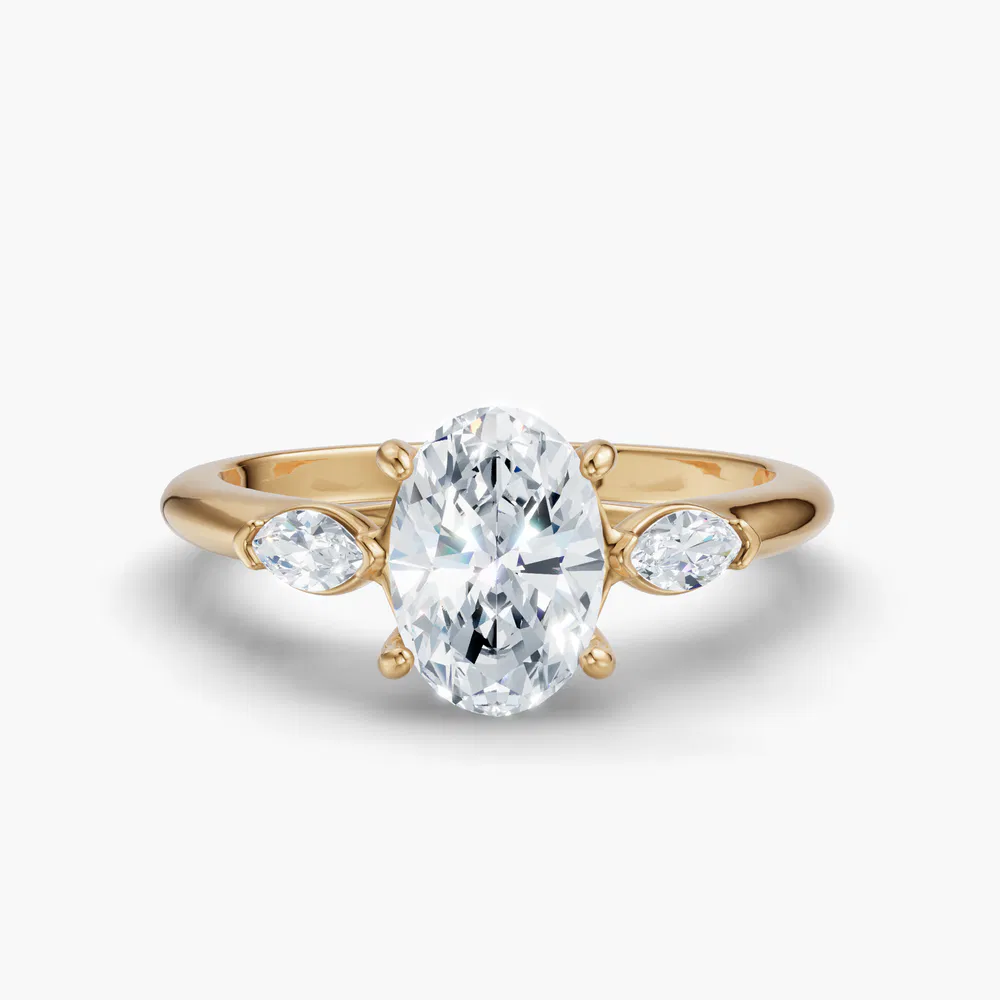 Certified 1 carat Lab Grown Diamond Oval Cut Three Stone, Side Stone Engagement Ring in 18K Yellow Gold-Glow